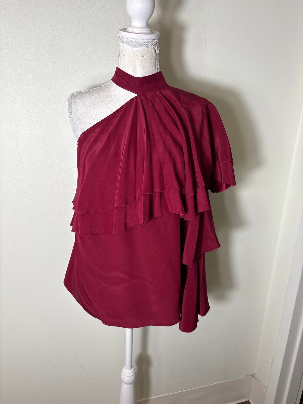 NWT Parker Crimson One Shoulder Long Sleeve Ruffle Top Sz S